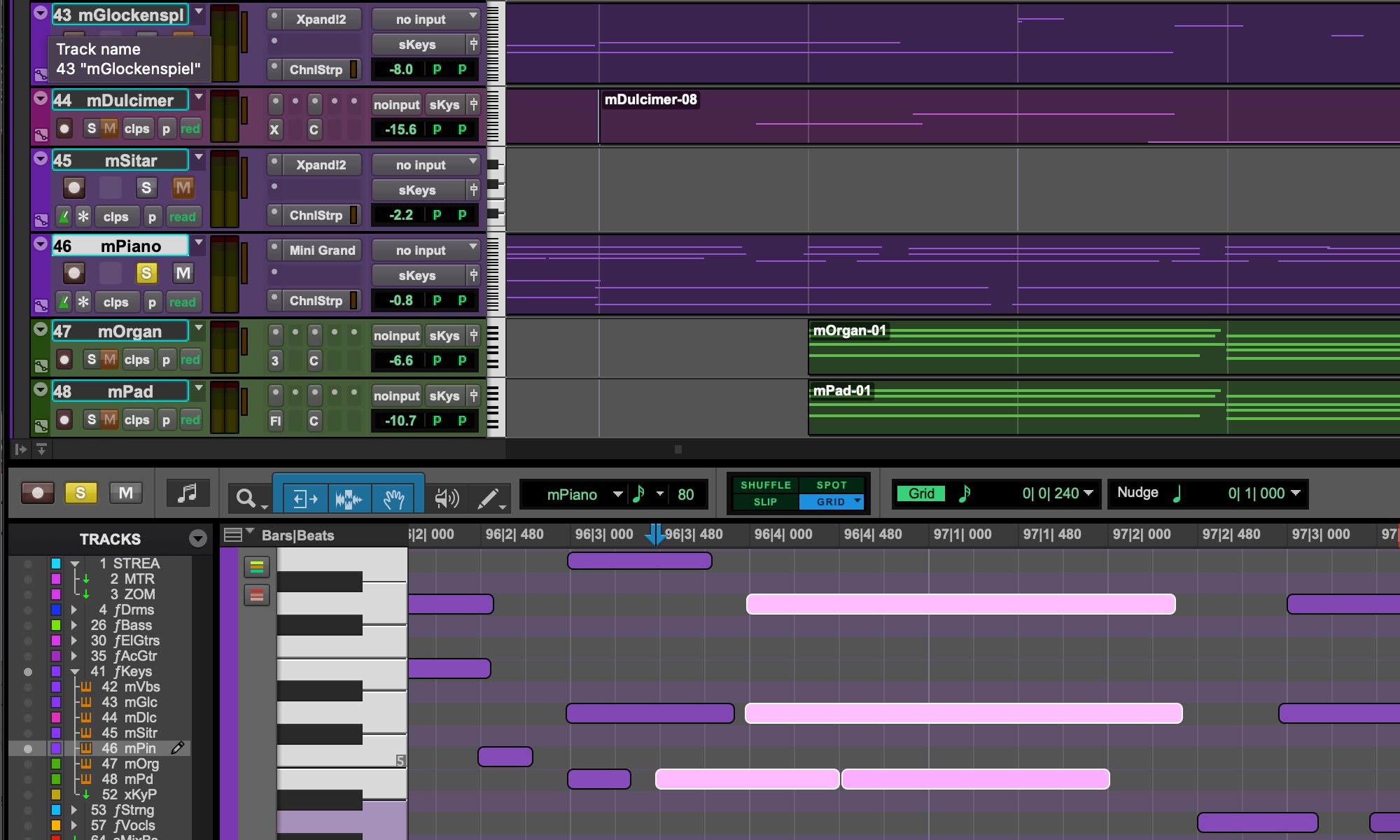 Pro Tools interface showing multiple tracks with focus on piano control