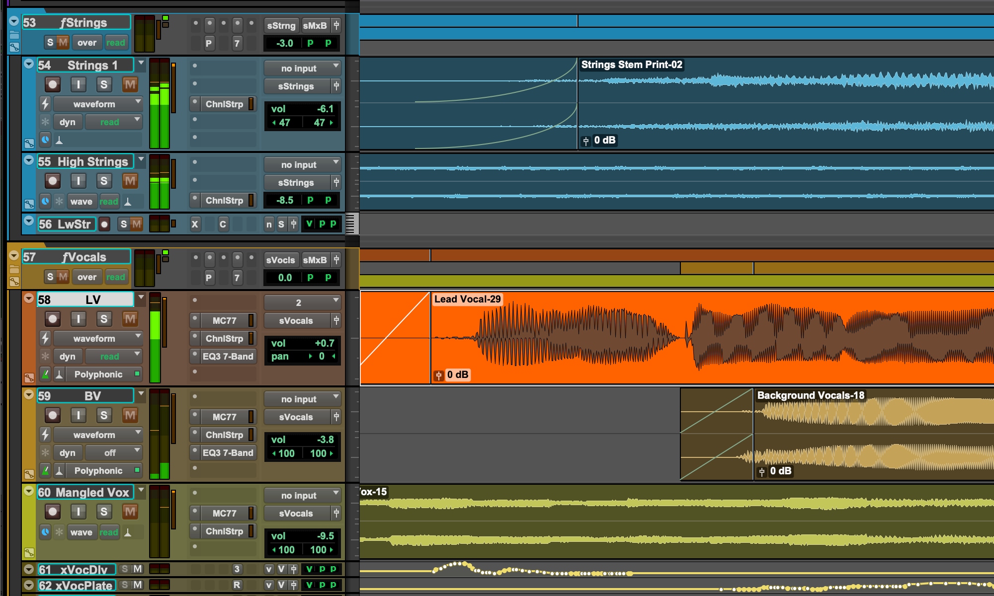 Pro Tools timeline highlighting tracks set to strings and vocals