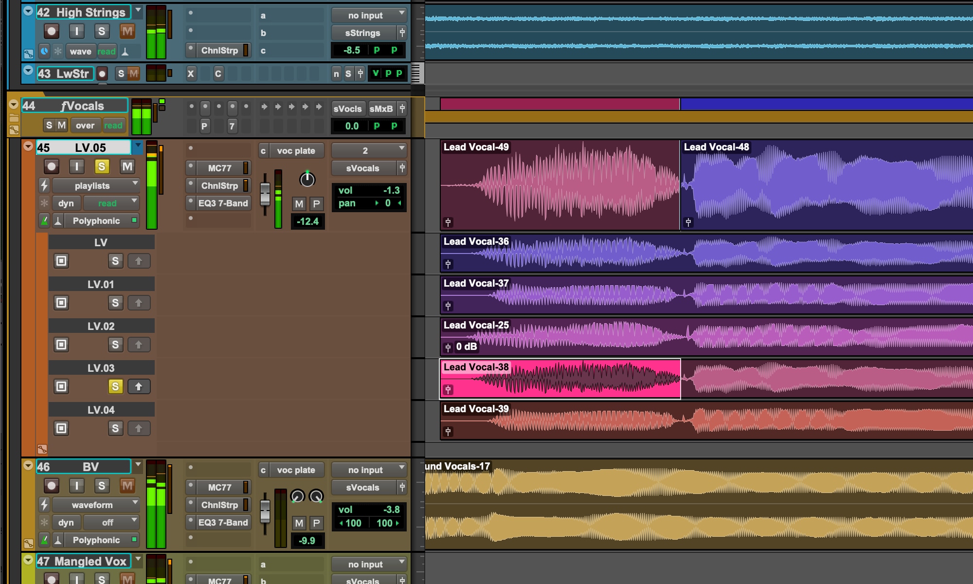 Different Pro Tools tracks with highlight on lead vocal group track