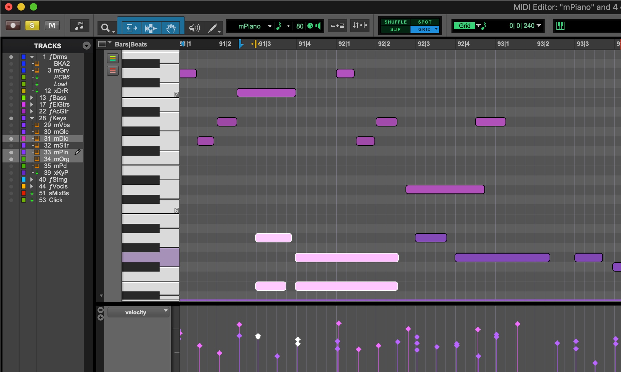 Pro Tools track showing piano timeline with editor notes on velocity