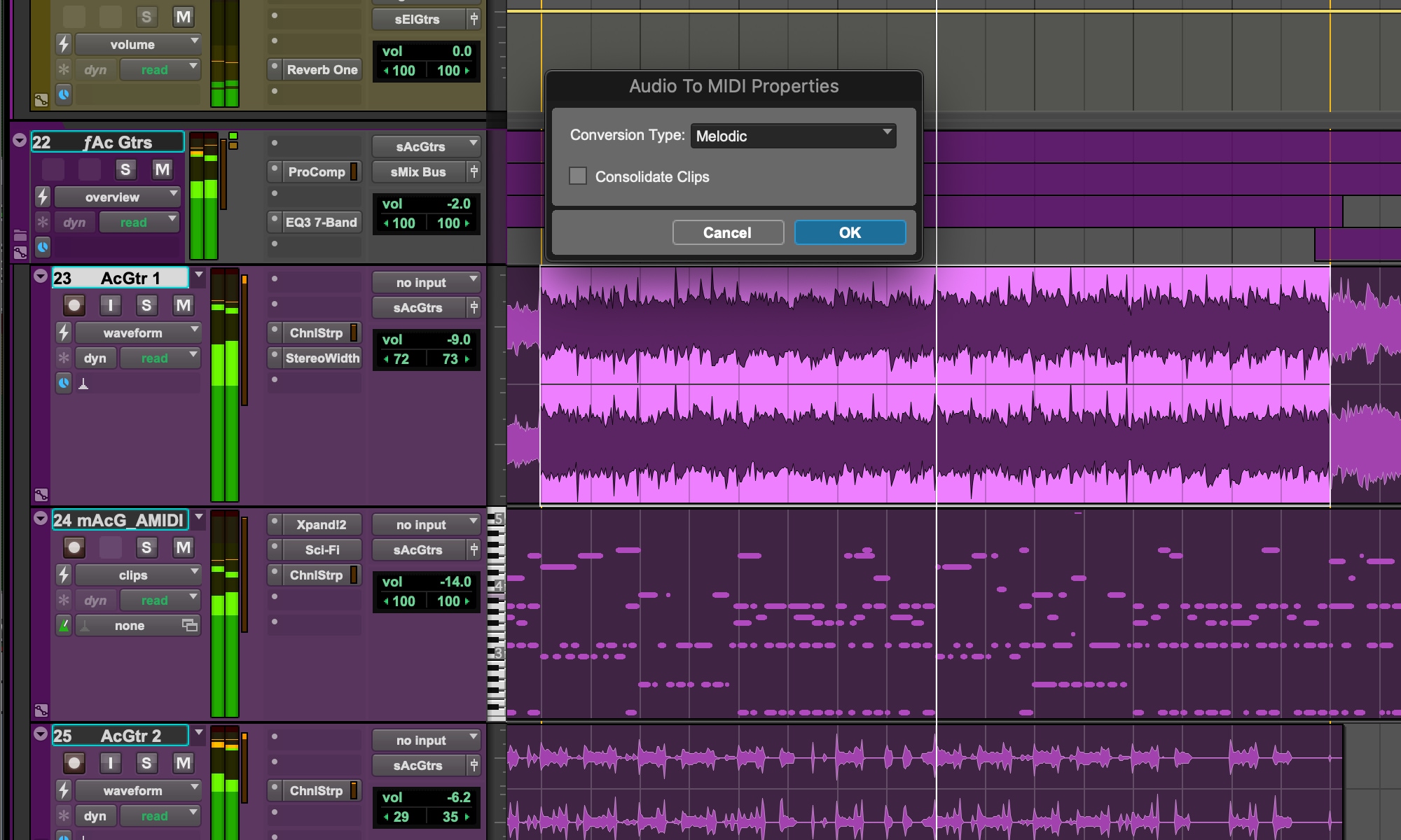 Pro Tools hover window showing Audio to MIDI Properties settings