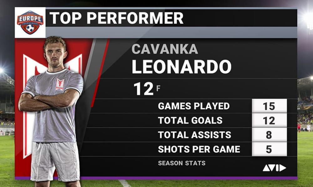 Broadcast graphic of a professional European soccer/football player showing his stats