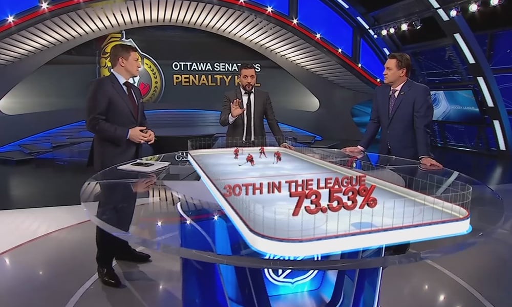 Three sports analysts interacting with 3D virtual AR graphics of a hockey game