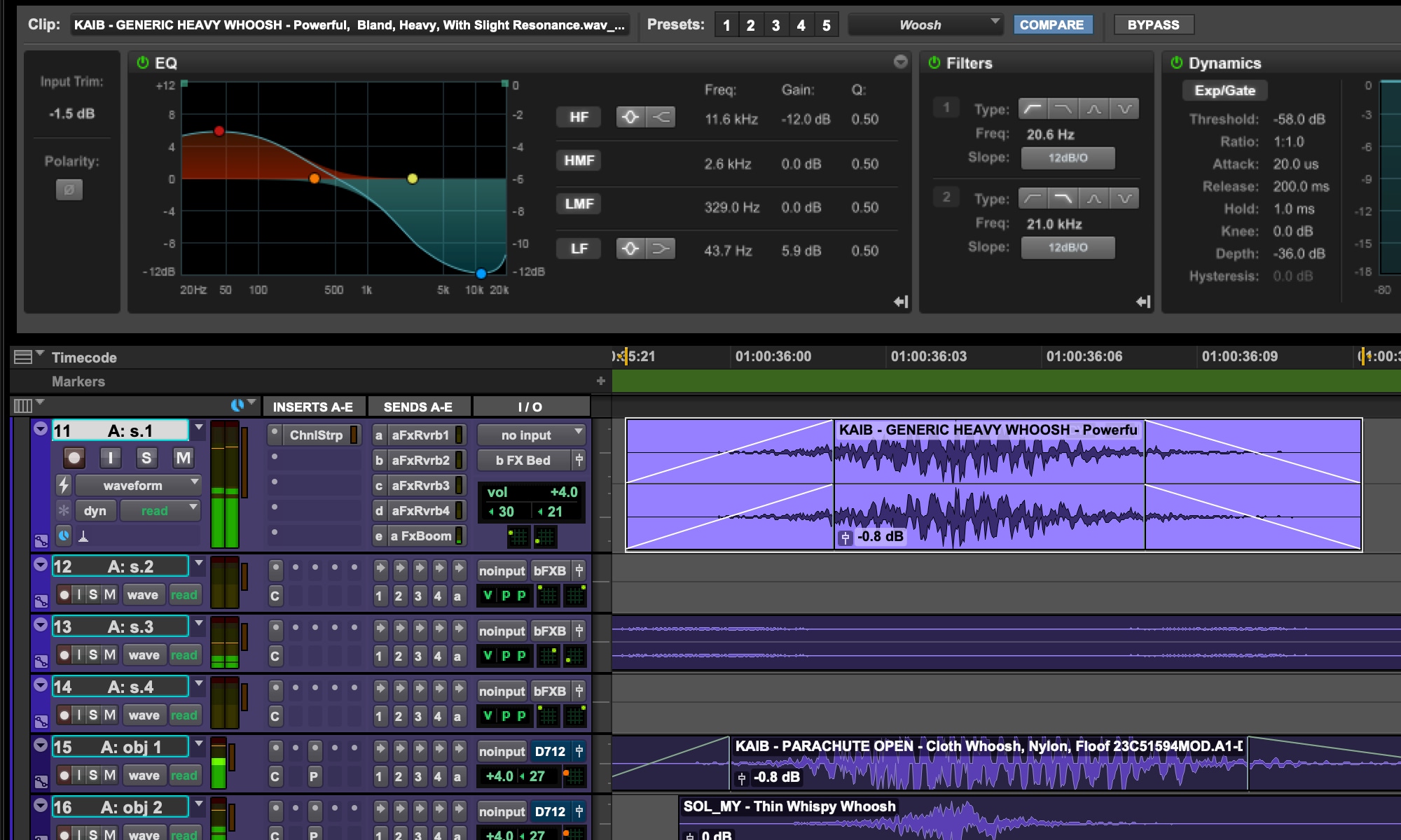 Interface showing Pro Tools Whoosh sound effect dynamics and settings