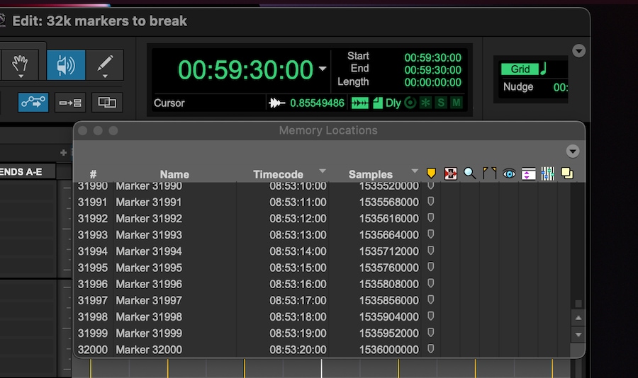 Screenshot of Pro Tools markers