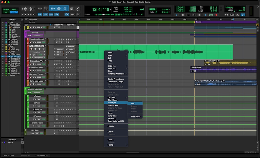 Screenshot of ARA 2 Melodyne menu in Pro Tools