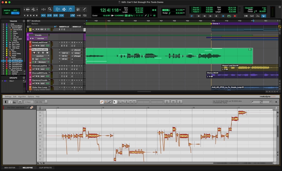 Screenshot of ARA 2 Melodyne in Pro Tools Edit Window