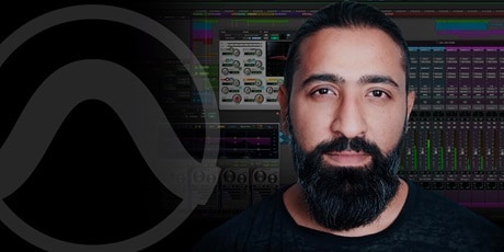 Closeup photo of a man with background showing a collage of Pro Tools interface