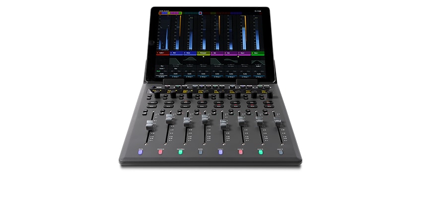 Avid S1 8-fader slimline control surface integrated with the free Avid Control app on a tablet