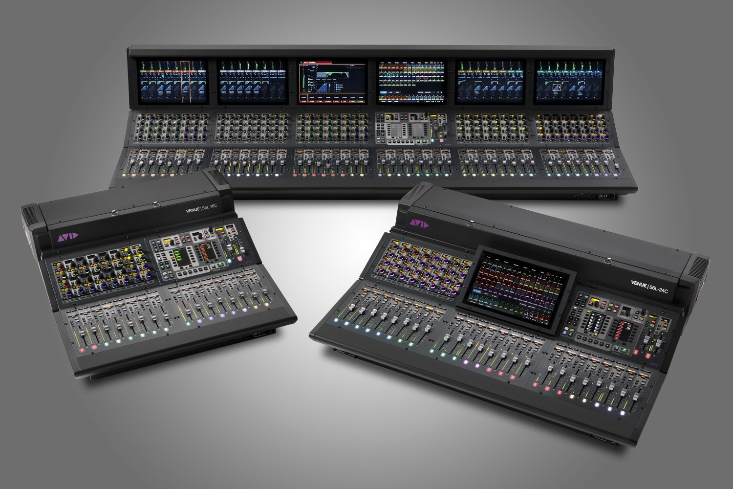 Lineup of Avid VENUE S6L digital audio mixers