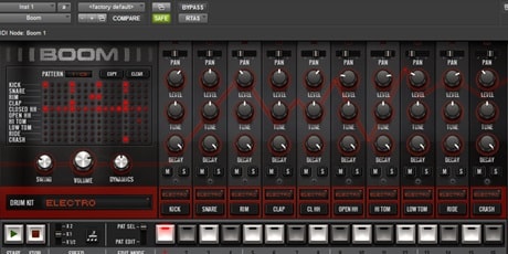 Boom virtual instrument with buttons and knobs for different parts of a drum set