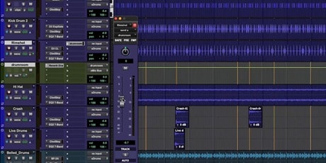 Drum tracks with volume fader open for drum room