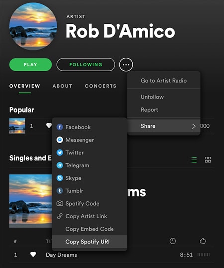 copy URI in Spotify