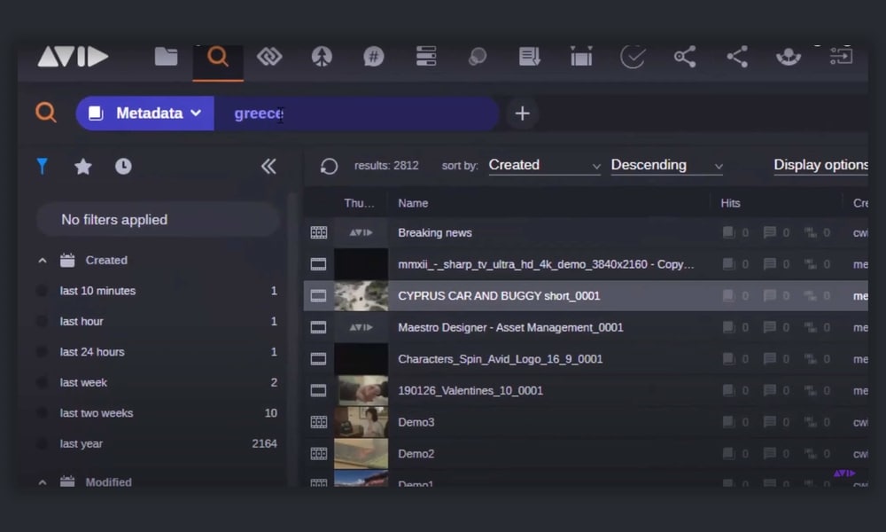 MediaCentral window showing a list of video clips with one highlighted to showcase the software's advanced and phonetic search capability