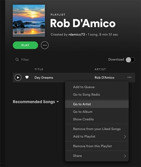 go to artist in Spotify