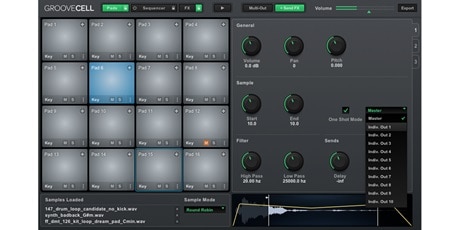 Interface of virtual instrument GrooveCell showing 16-pad setup