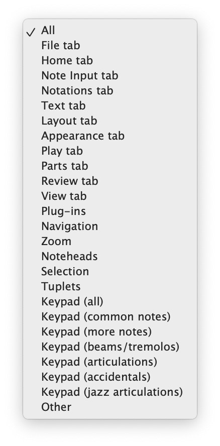 how to filter command list in Sibelius