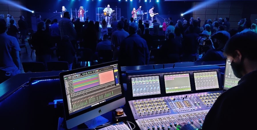 inside sound booth during services at Shelter Cove Community Church