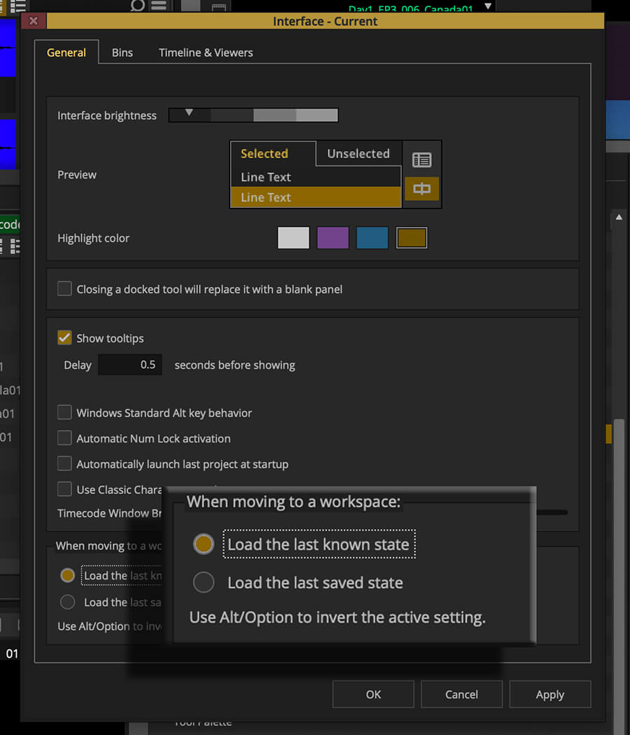 loading last state of workspace in Media Composer 2021.6