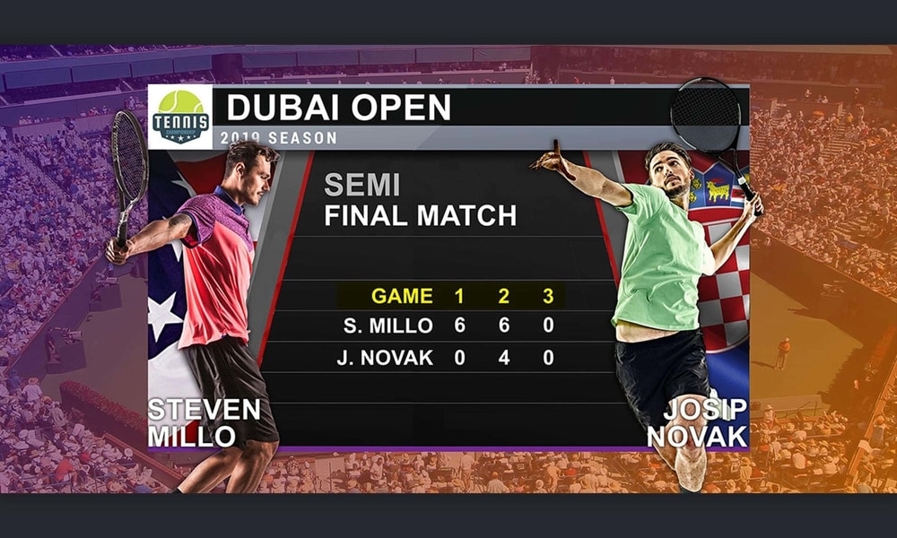 Sports coverage graphic showing stats of 2019 Dubai Open semi final between Steven Millo and Josip Novak