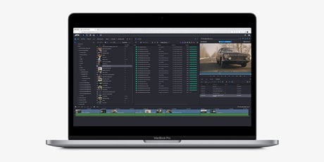 Avid NEXIS | EDGE web client on laptop with media browser and editing timeline