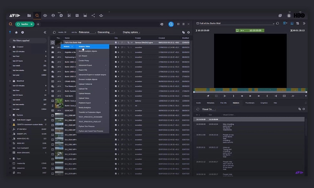 MediaCentral | Asset Management window with search filters like date created and listed results