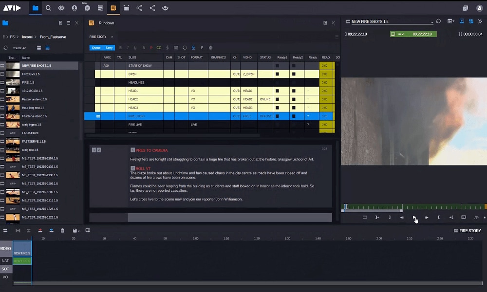 MediaCentral interface with media pool, project timeline and preview of video showing a burning building