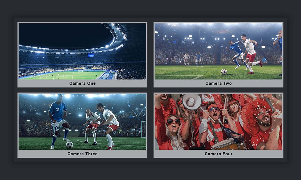 Four images of the same soccer game showing the stadium, players and audience highlighting how to work with multi camera angles on MediaCentral