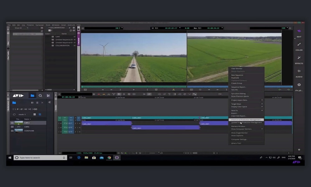 Media Composer interface with two video preview windows