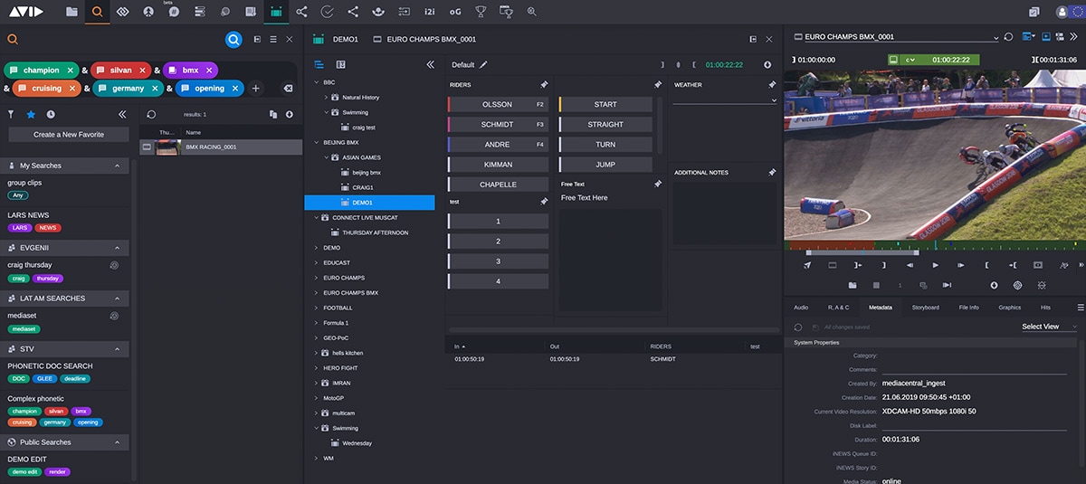 Custom work platform configuration of MediaCentral with file search toolbar, system properties frame and video preview window