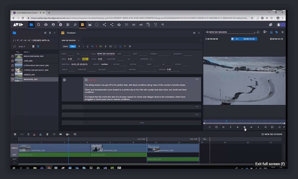 MediaCentral interface showing remote collaboration parameters like frame number and total length of edited portion