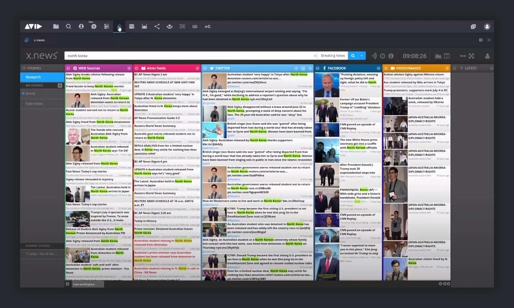 MediaCentral research tab showing feed from the web and social media platforms