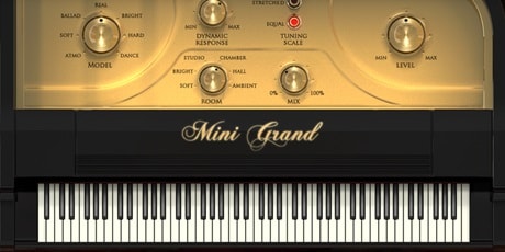 Mini Grand virtual instrument with piano keys at the bottom and knobs above