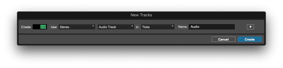 new tracks window in Pro Tools with 256 tracks