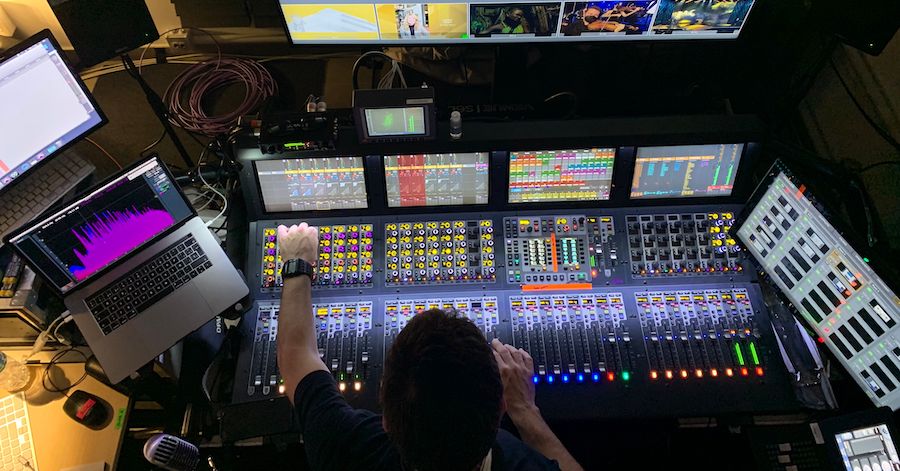 overhead view of live sound mixing console