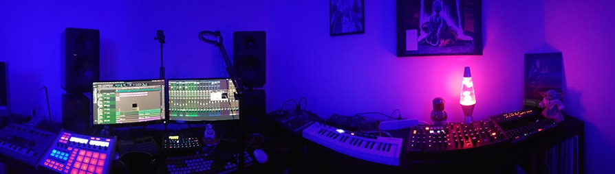 panorama shot of gear in Laz Casanova's studio