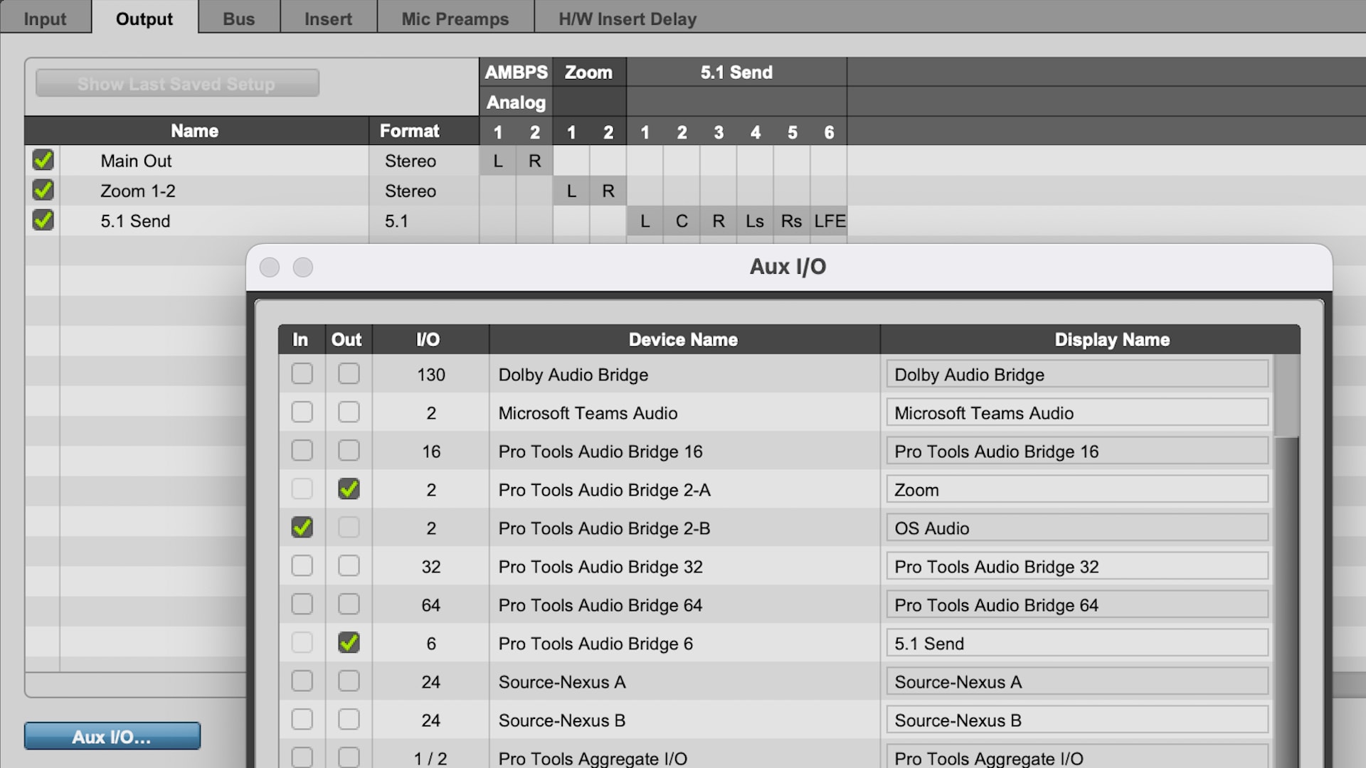 Pro Tools Aux IO Window
