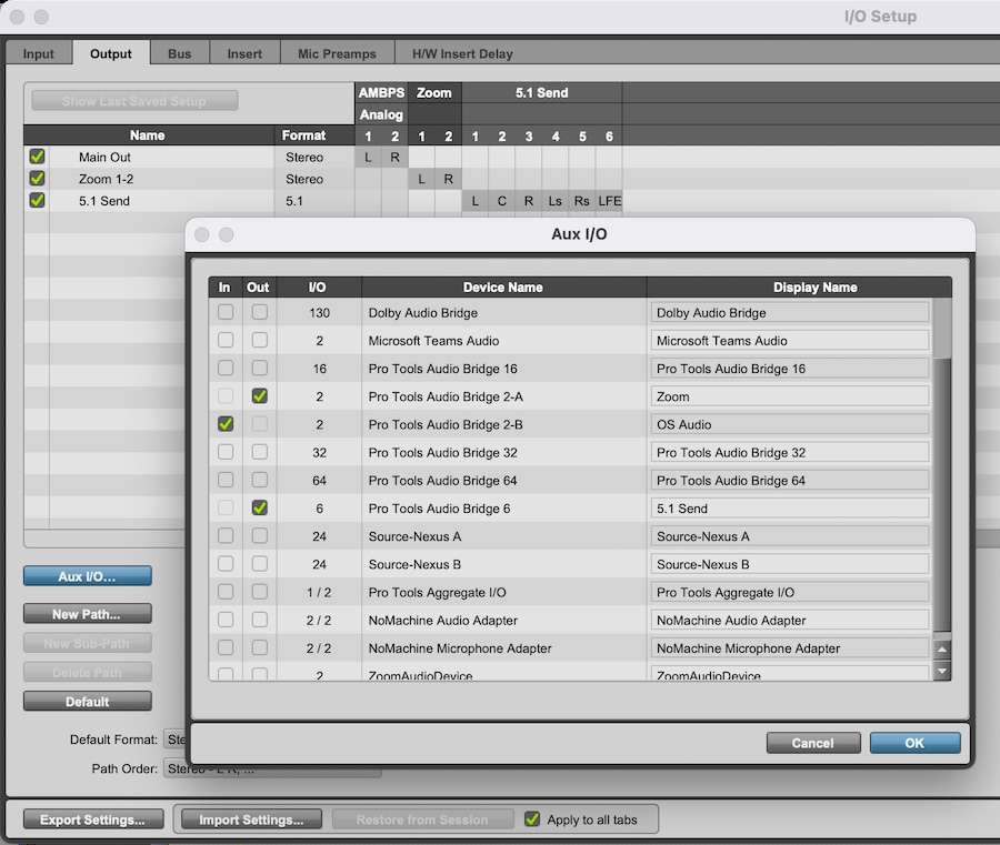 Screenshot of Pro Tools Aux IO Window