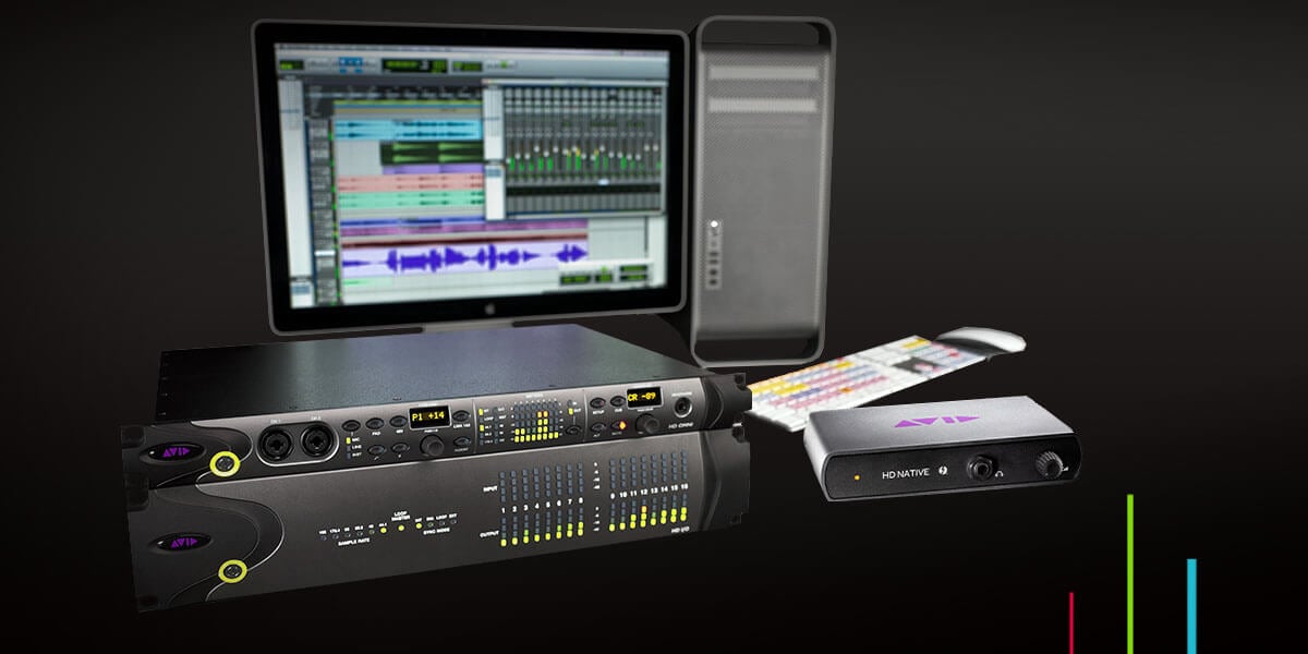 Pro Tools HD line of audio hardware and interfaces with computer in background