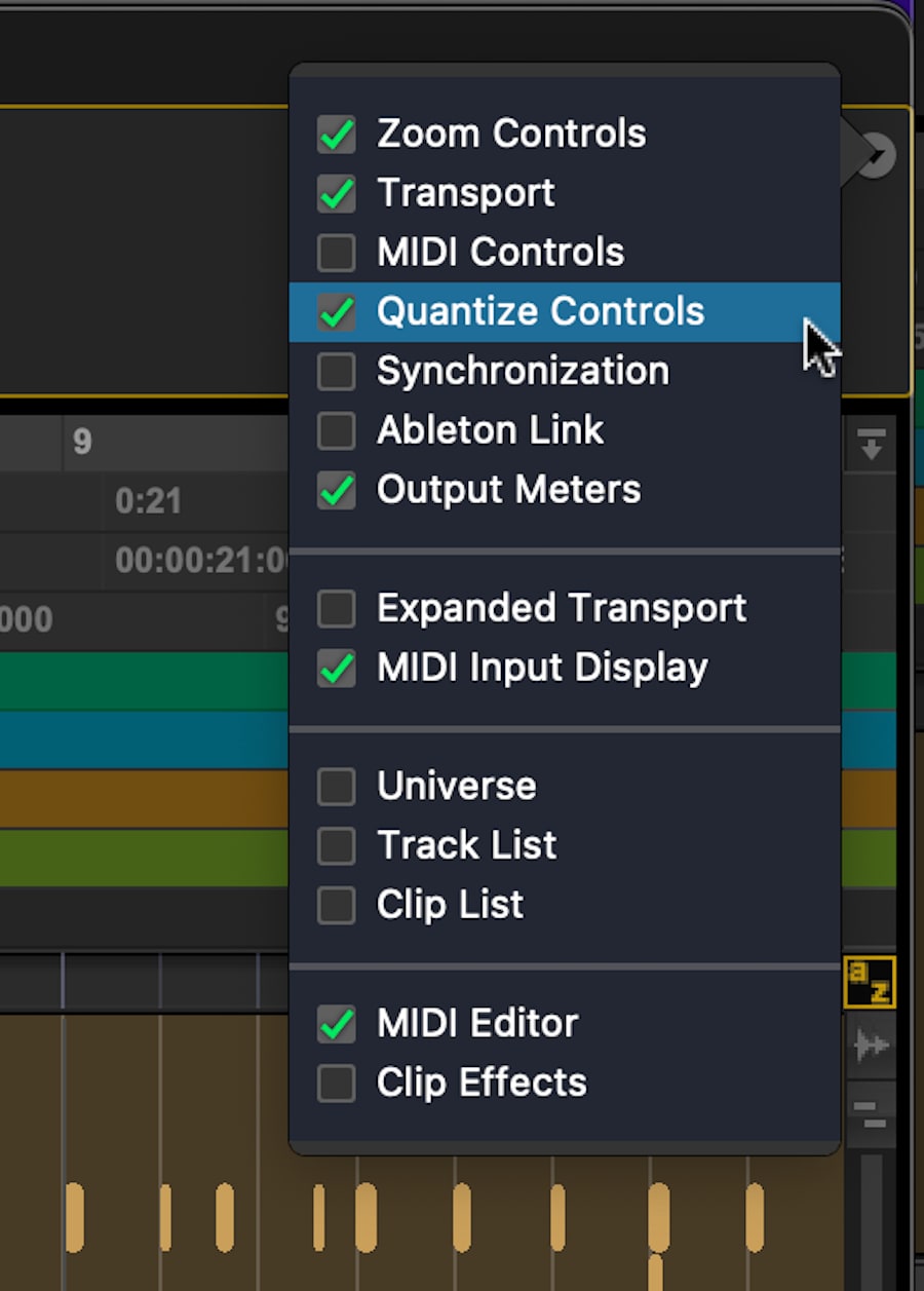 Screenshot of Pro Tools Quantize controls in the Toolbar menu