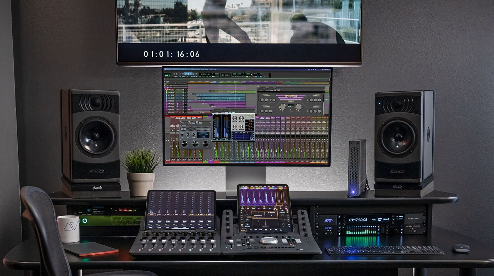 Pro Tools setup for audio post with mixing console