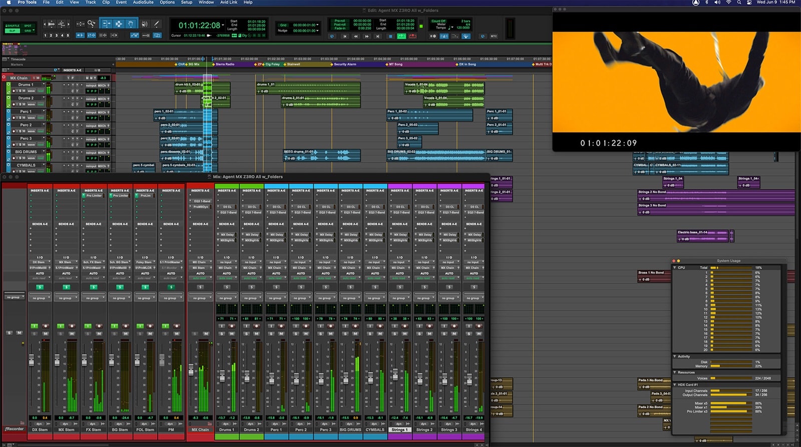 Pro Tools UI showing audio post workflow with HEVC