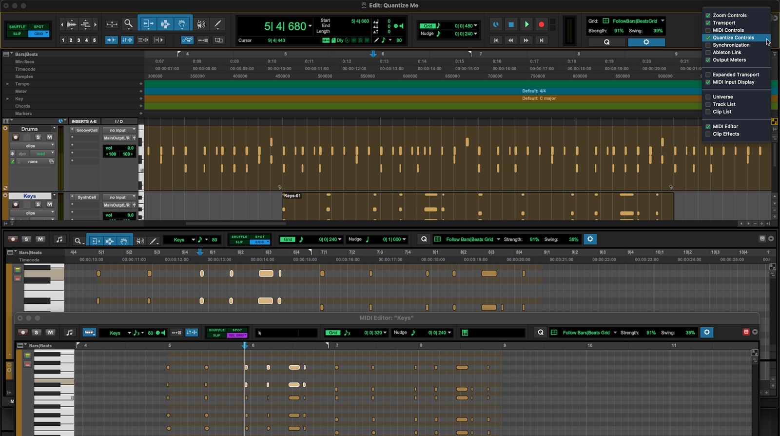 Screenshot of Pro Tools with MIDI Quantize Toolbar Menu