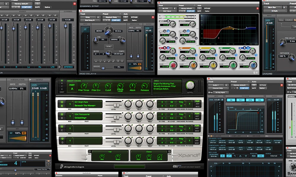 Collage of plugins that are included with Pro Tools Intro software