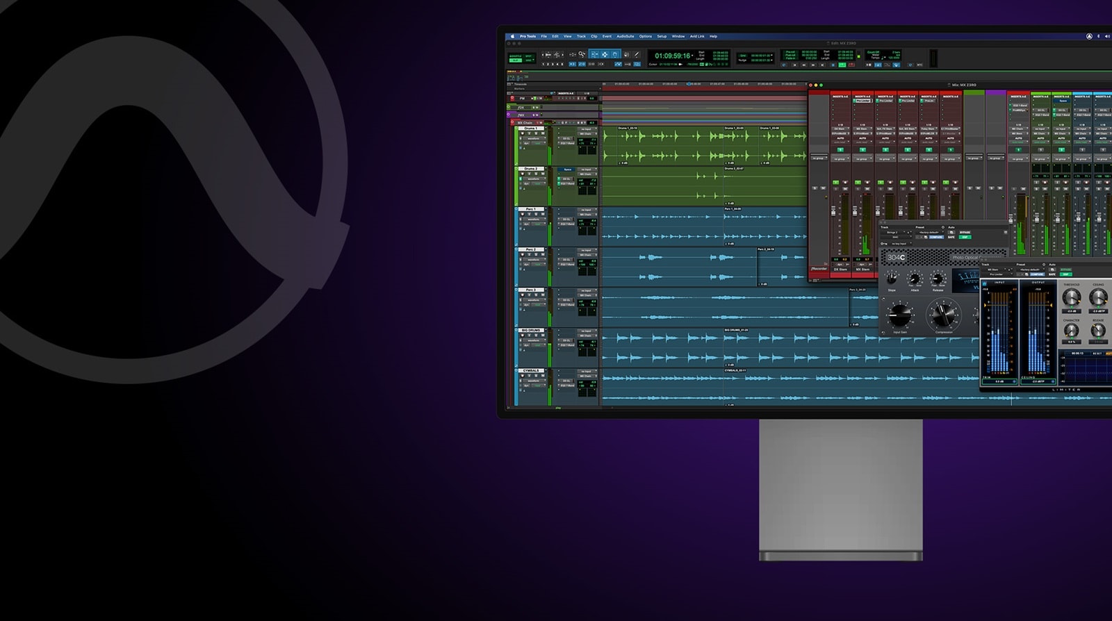 pro tools logo and pro tools ui on desktop monitor