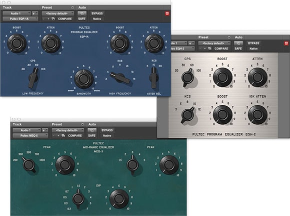 Interfaces of the Pultec EQ audio plugin bundle