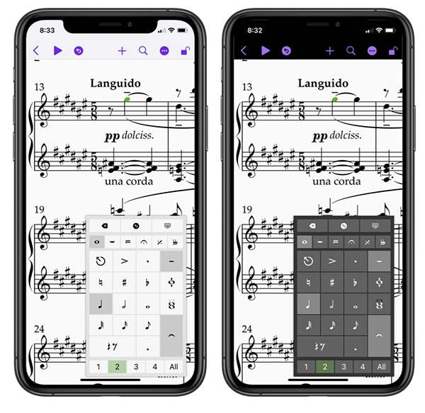 Sibelius for iPhone in regular and dark mode