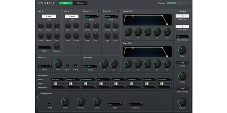 Interface of virtual instrument SynthCell showing knobs and horizontal faders