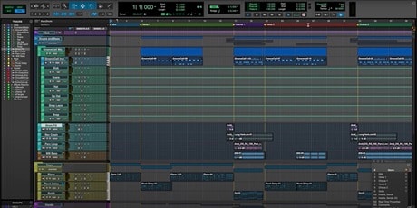 Pro Tools timeline with track groupings for different instruments