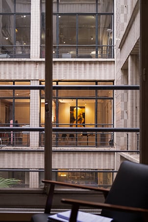 view of courtyard from inside Saya Post Production's office